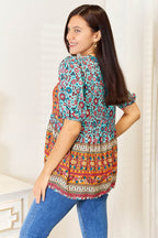 Devine Bohemian Tassel Tie Puff Sleeve Babydoll Blouse - Delanoir