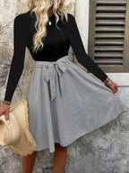 Tied Striped Round Neck Long Sleeve Dress - Delanoir