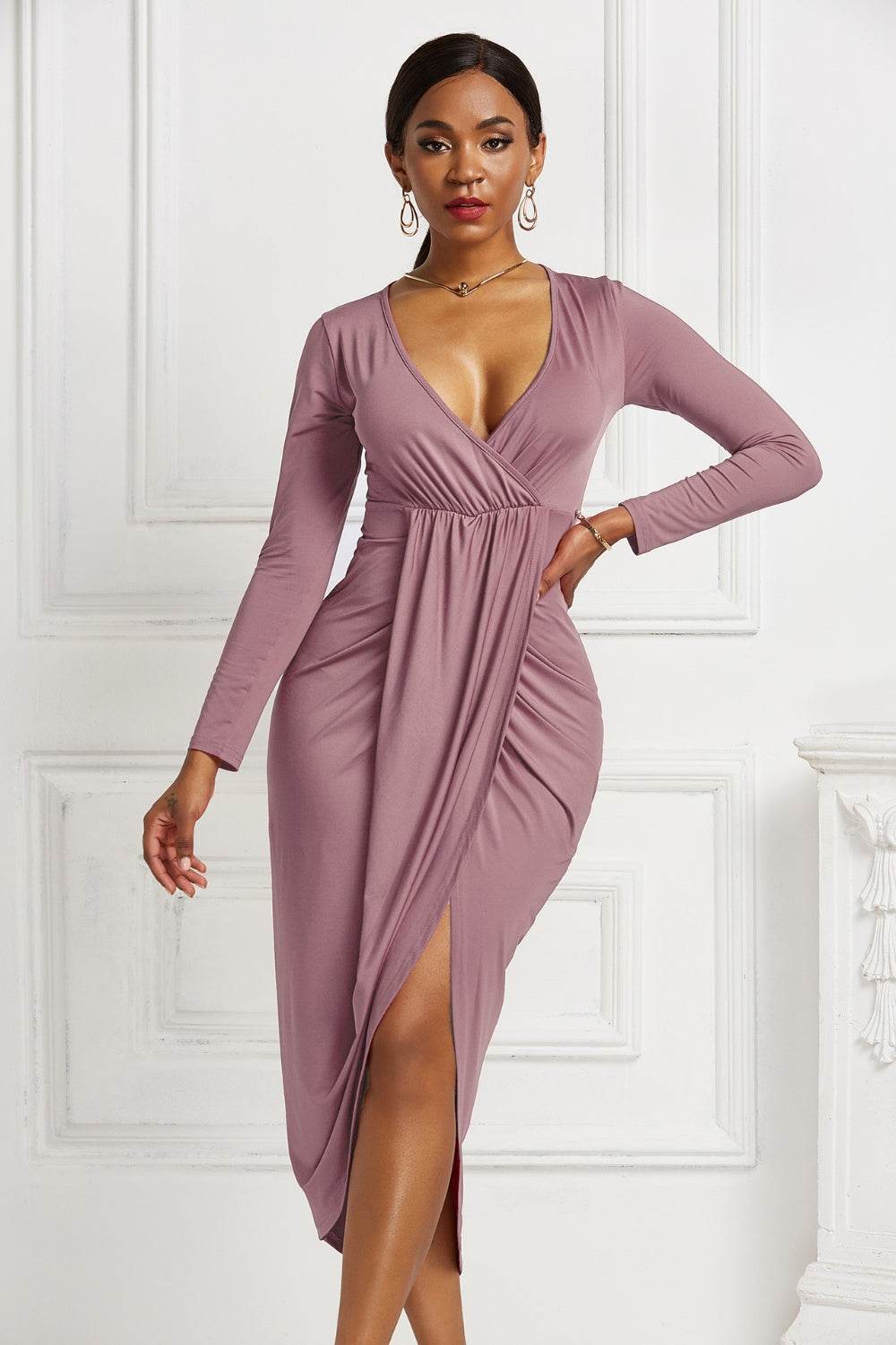 High-low Ruched Surplice Long Sleeve Dress - Delanoir