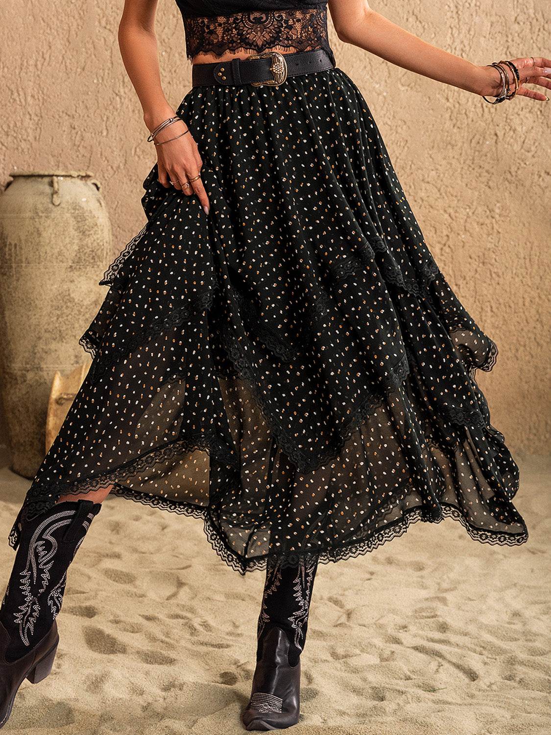 Lace Detail Layered Midi Skirt - Delanoir