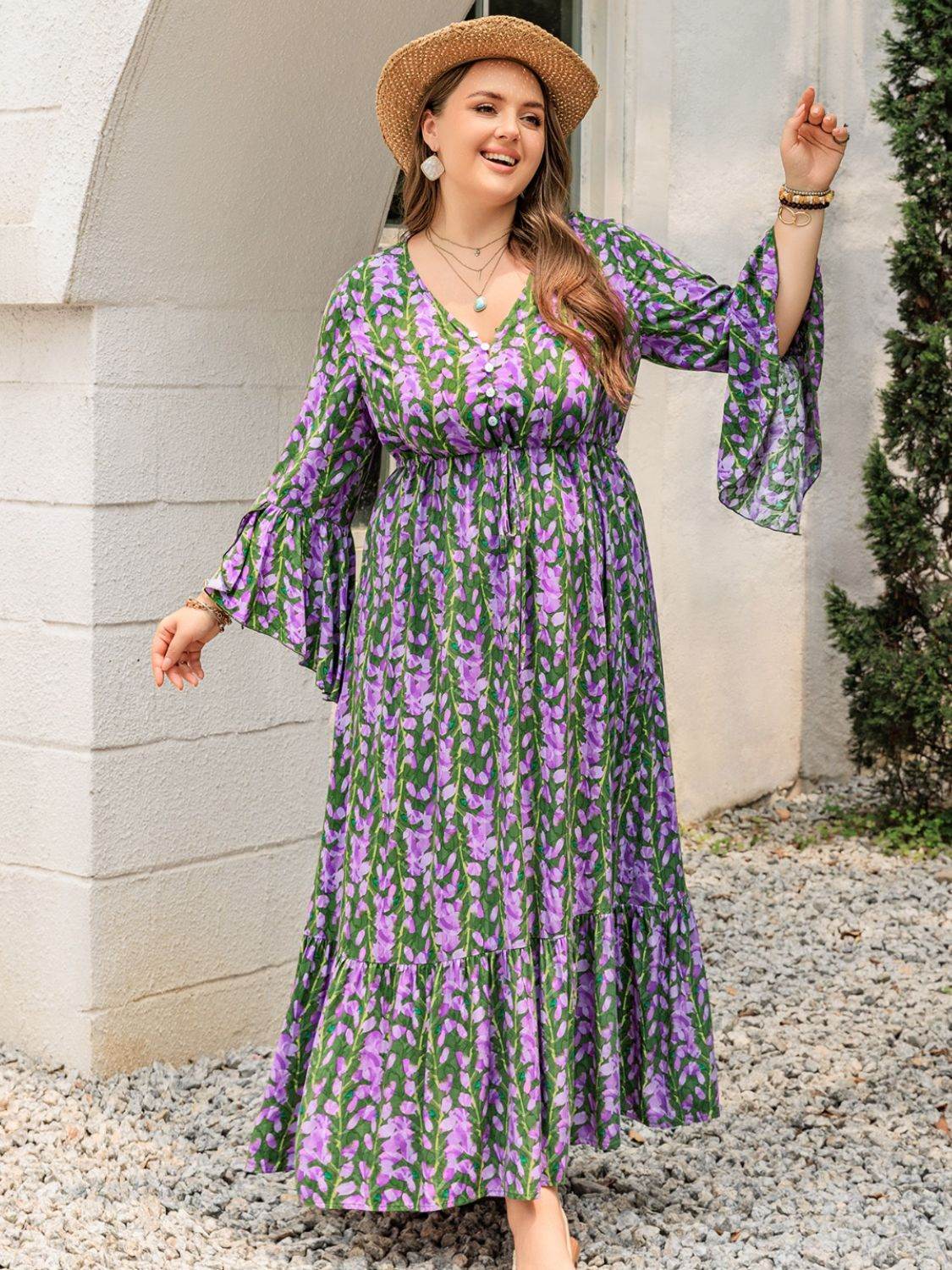 Plus Size Printed V-Neck Long Sleeve Maxi Dress - Delanoir