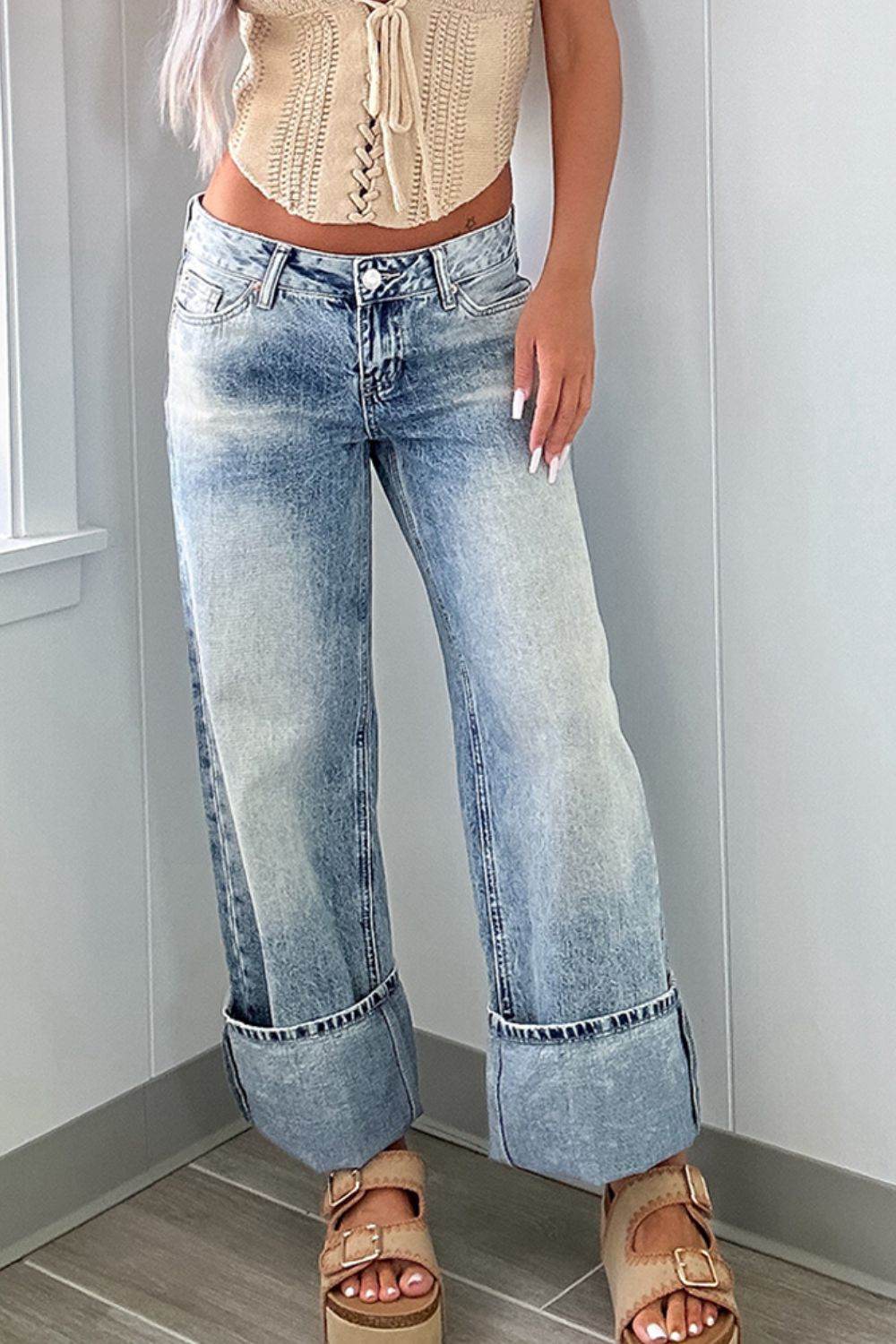 Washed Wide Leg Jeans with Pockets - Delanoir