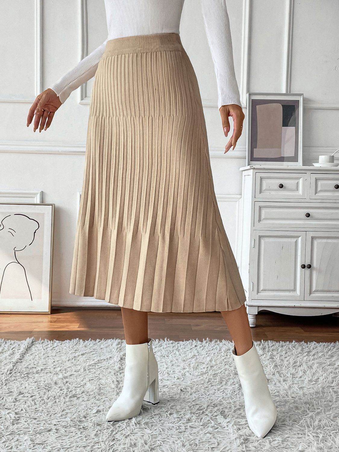 Perfee Pleated Midi Sweater Skirt - Delanoir