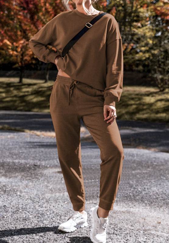 Side Slit Round Neck Long Sleeve Top and Pants Set - Delanoir