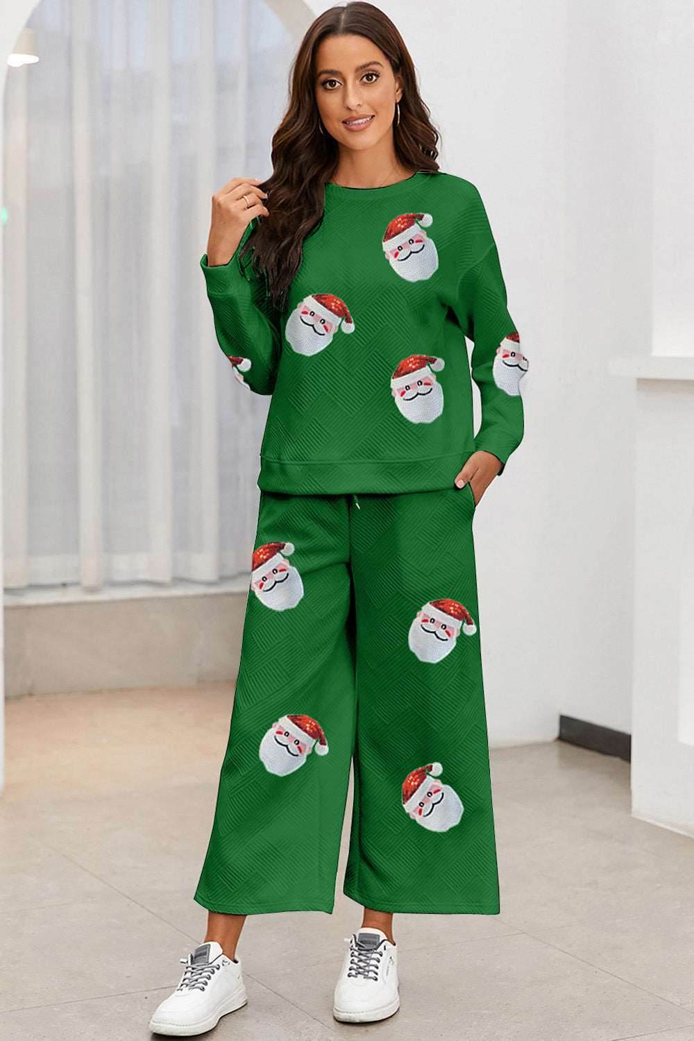 Santa Sequin Round Neck Top and Pants Set - Delanoir