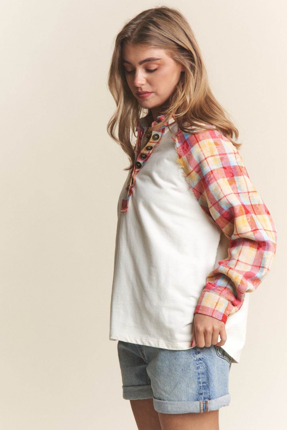 J.NNA Plaid Contrast Button Down Henley Top - Delanoir