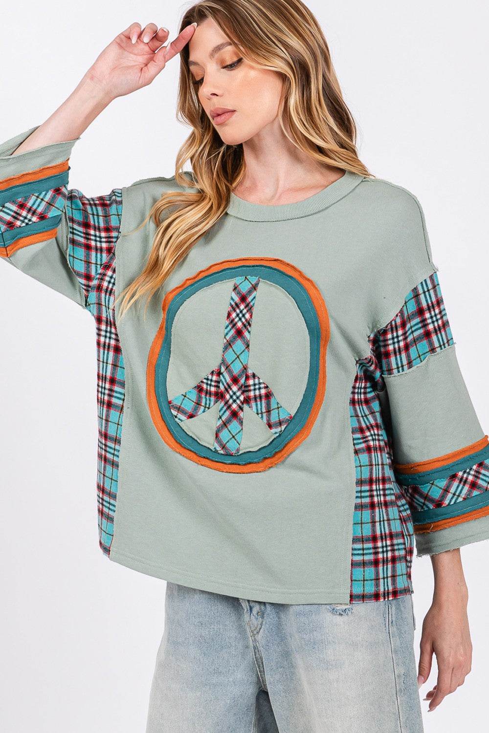 SAGE + FIG Peace Applique Patch Contrast Plaid Top - Delanoir