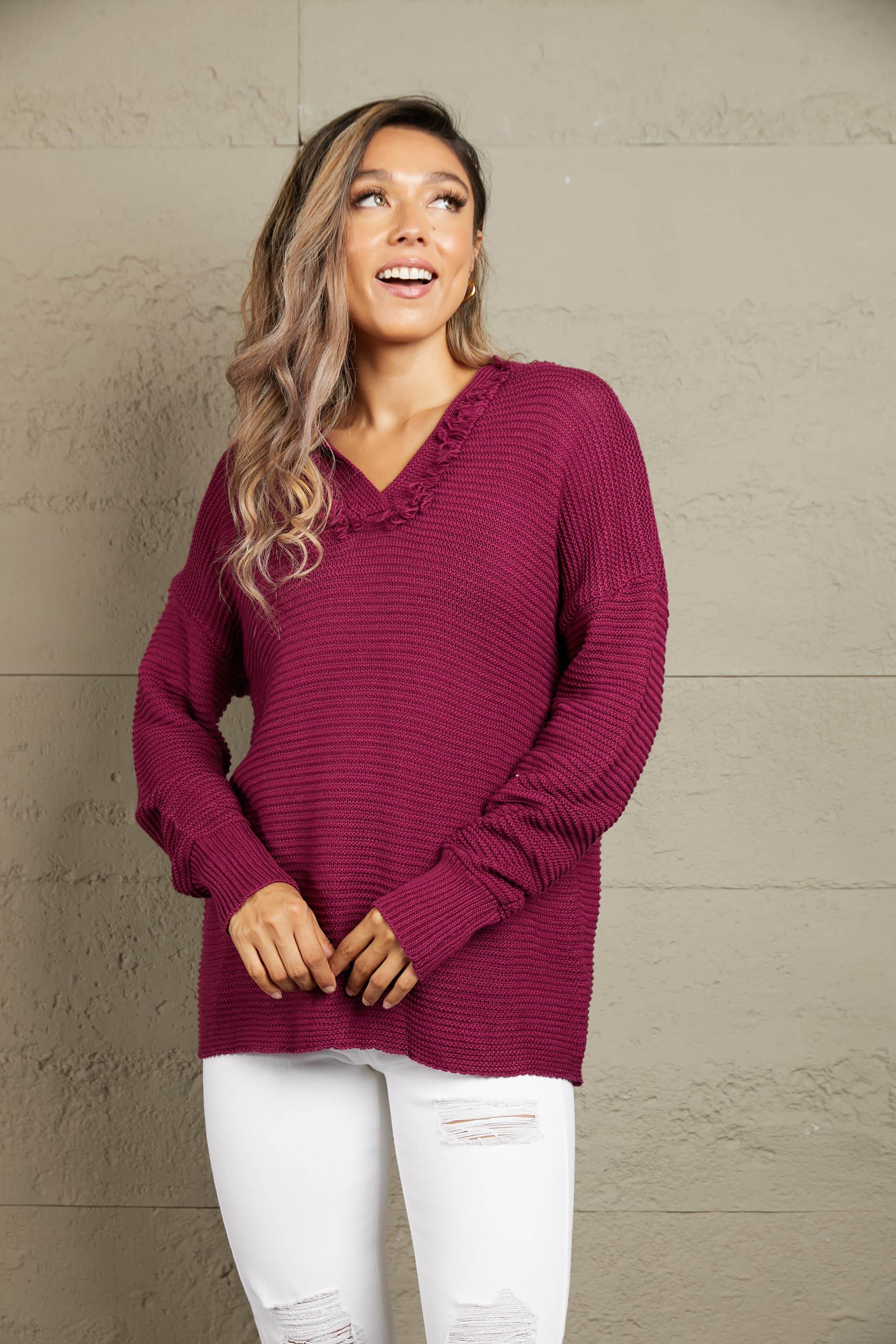 Woven Right Horizontal Ribbing Fringe Trim Hooded Sweater - Delanoir