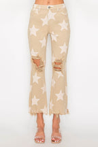 RISEN Full Size High Rise Star Printed Frayed Hem Jeans - Delanoir