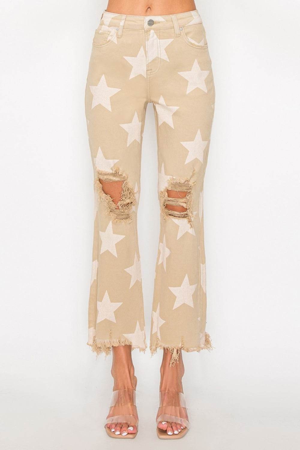 RISEN Full Size High Rise Star Printed Frayed Hem Jeans - Delanoir
