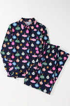 Christmas Lights Print Collared Neck Top and Pants Set - Delanoir