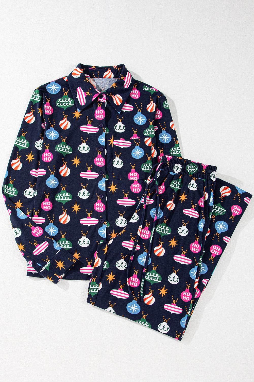 Christmas Lights Print Collared Neck Top and Pants Set - Delanoir