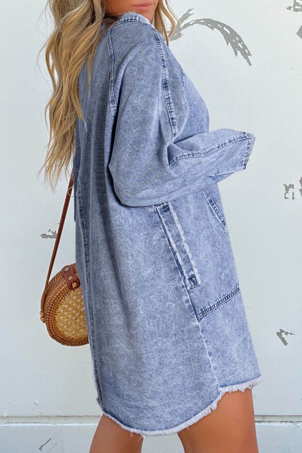 Raw Hem Button Down Long Sleeve Denim Dress - Delanoir