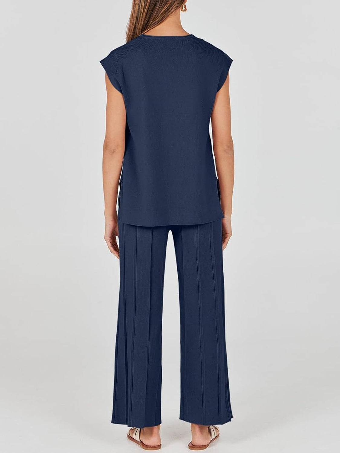 Round Neck Cap Sleeve Top and Pants Knit Set - Delanoir