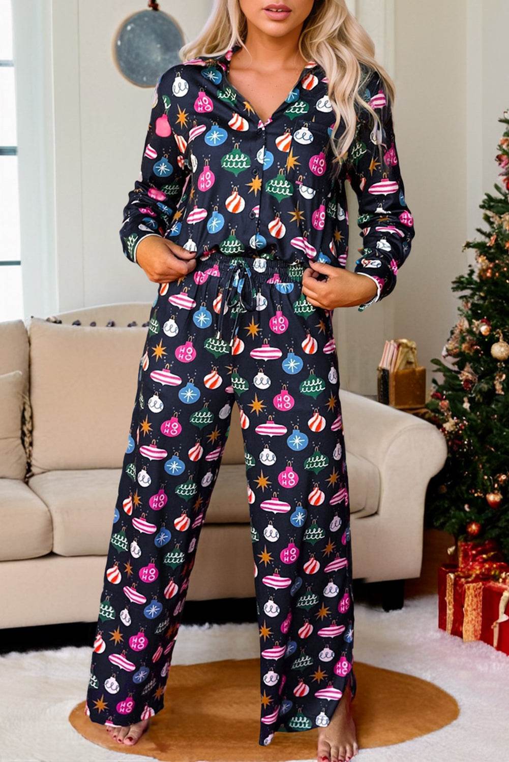 Christmas Lights Print Collared Neck Top and Pants Set - Delanoir