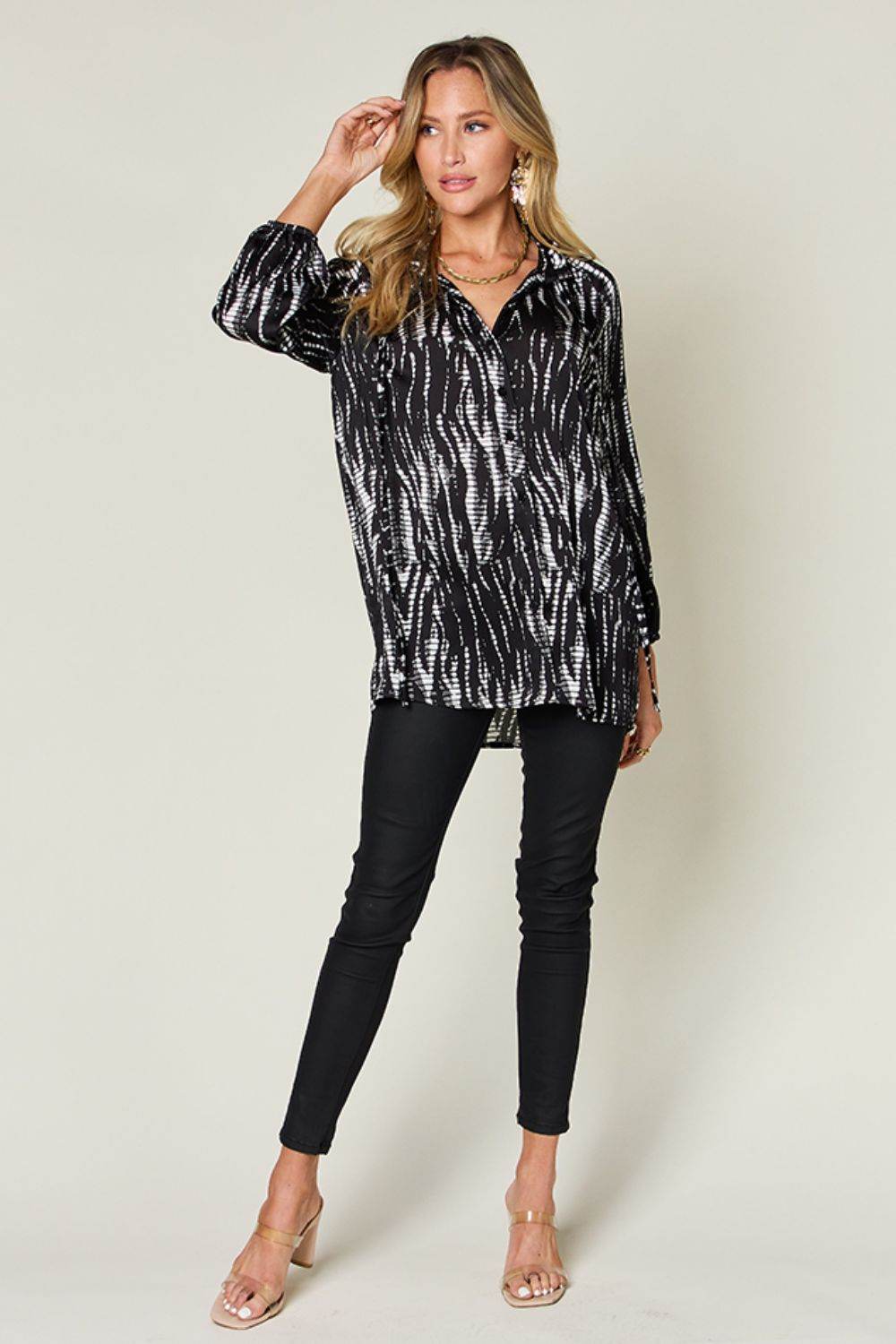 Double Take Full Size Printed Button Up Long Sleeve Shirt - Delanoir