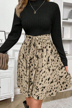 Printed Tie Waist Mock Neck Long Sleeve Dress - Delanoir