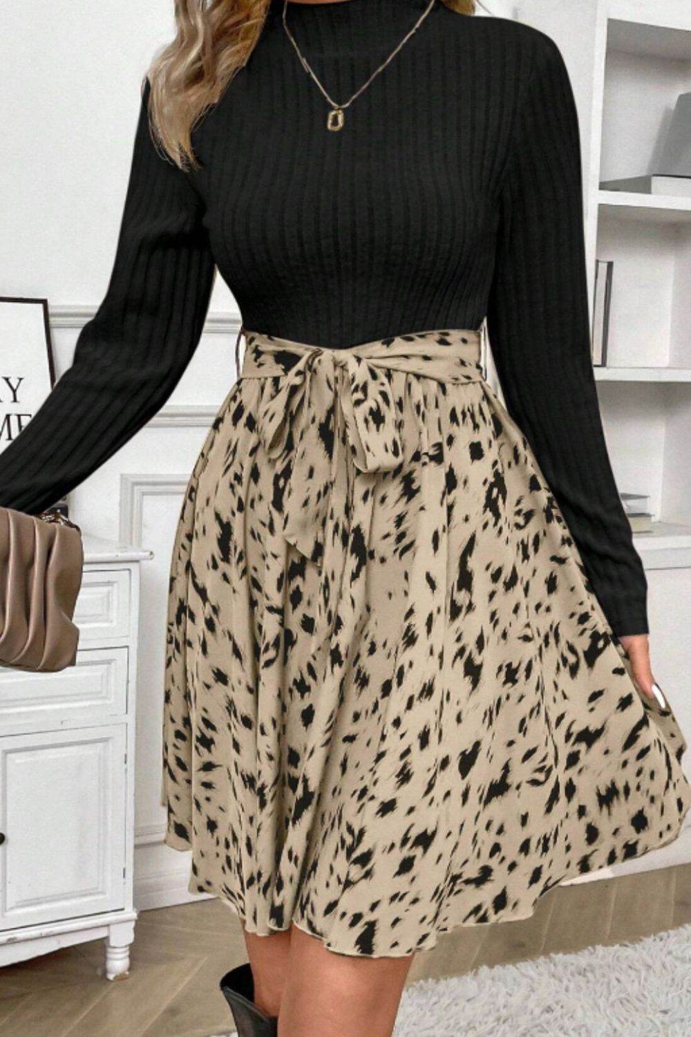 Printed Tie Waist Mock Neck Long Sleeve Dress - Delanoir