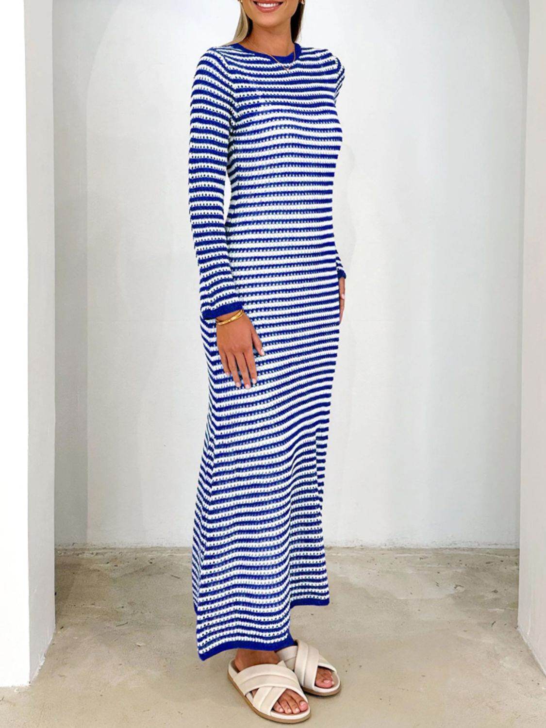 Devine Tied Round Neck Striped Sweater Dress - Delanoir
