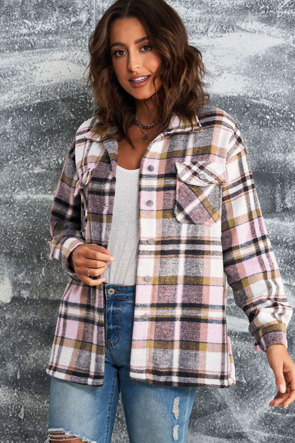 Plaid Button Front Shirt Jacket with Breast Pockets - Delanoir