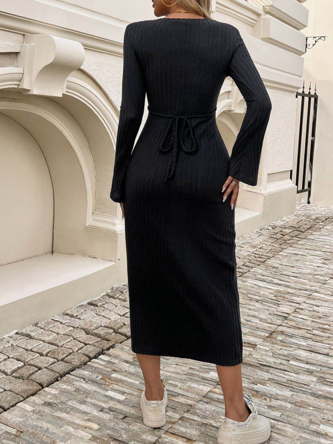 Devine Tied V-Neck Long Sleeve Sweater Dress - Delanoir