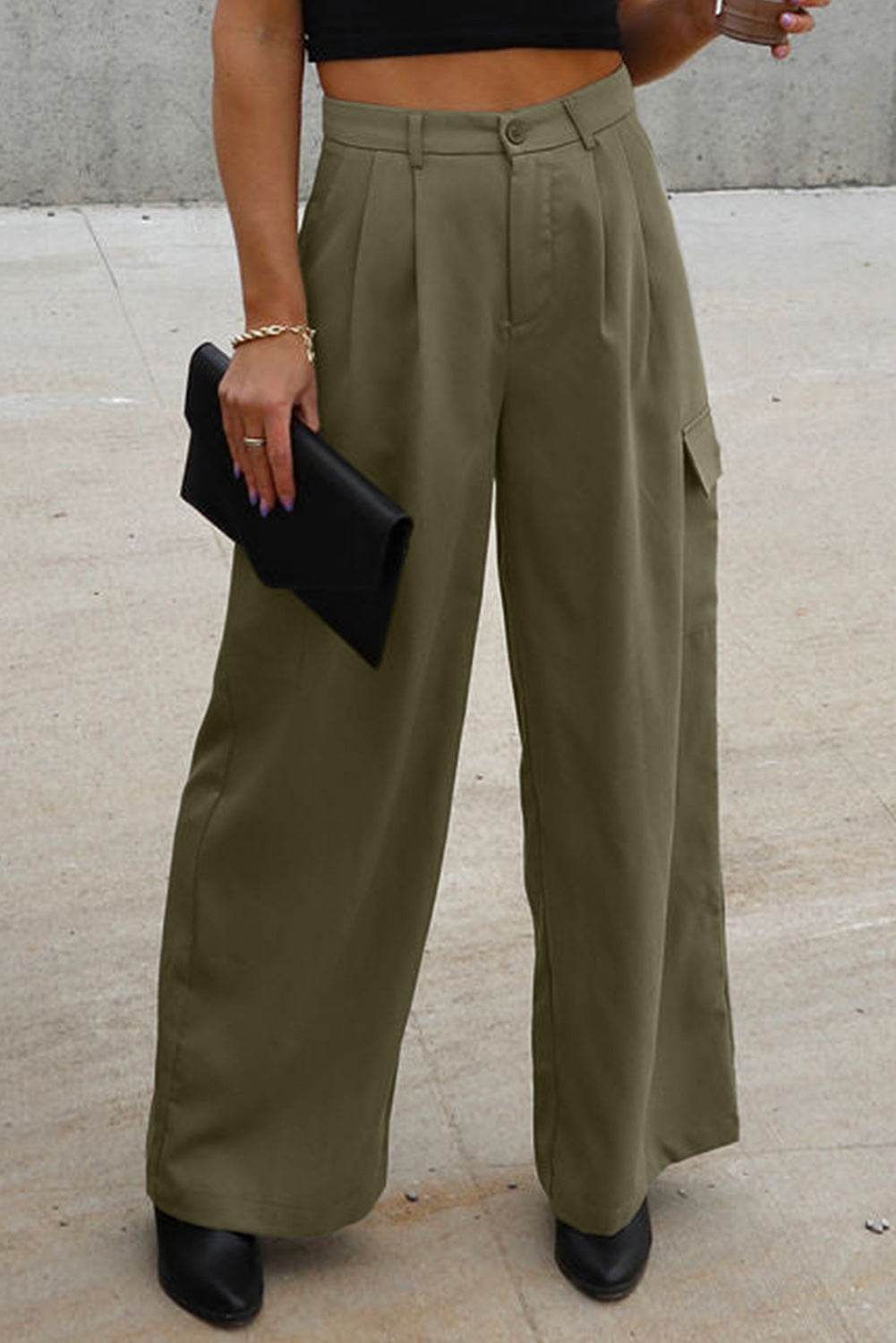 Ruched Wide Leg Pants with Pockets - Delanoir