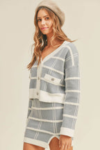 MABLE Plaid Button Down Sweater Cardigan and Mini Skirt Set - Delanoir