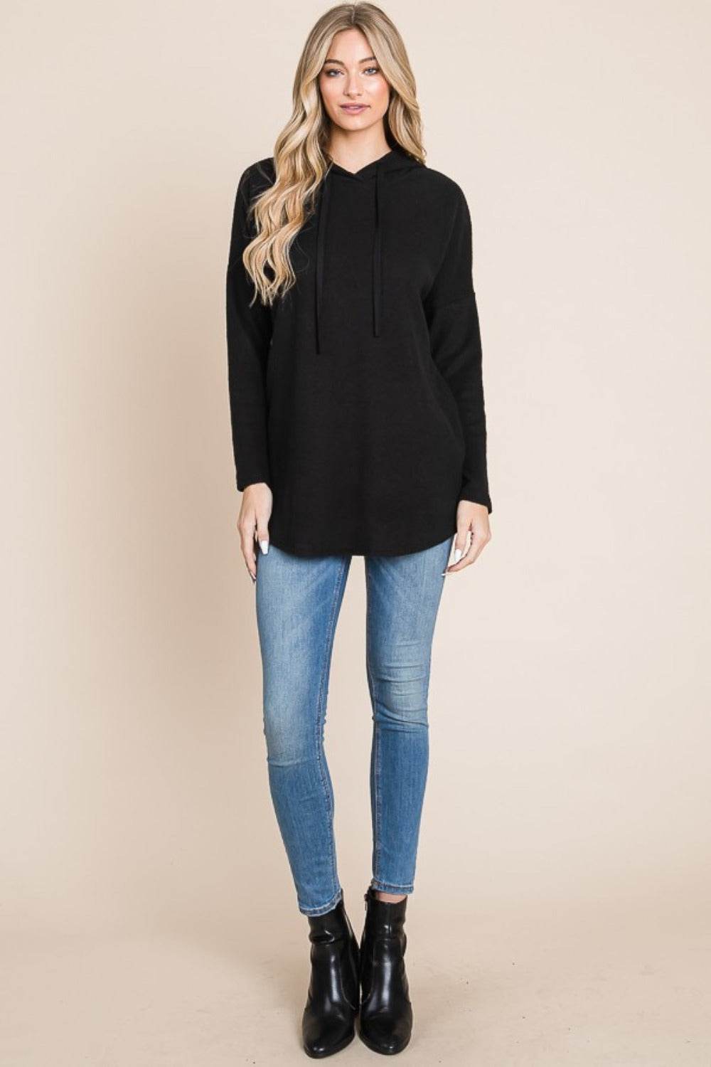BOMBOM Contrast Drawstring Drop Shoulder Knit Hoodie - Delanoir