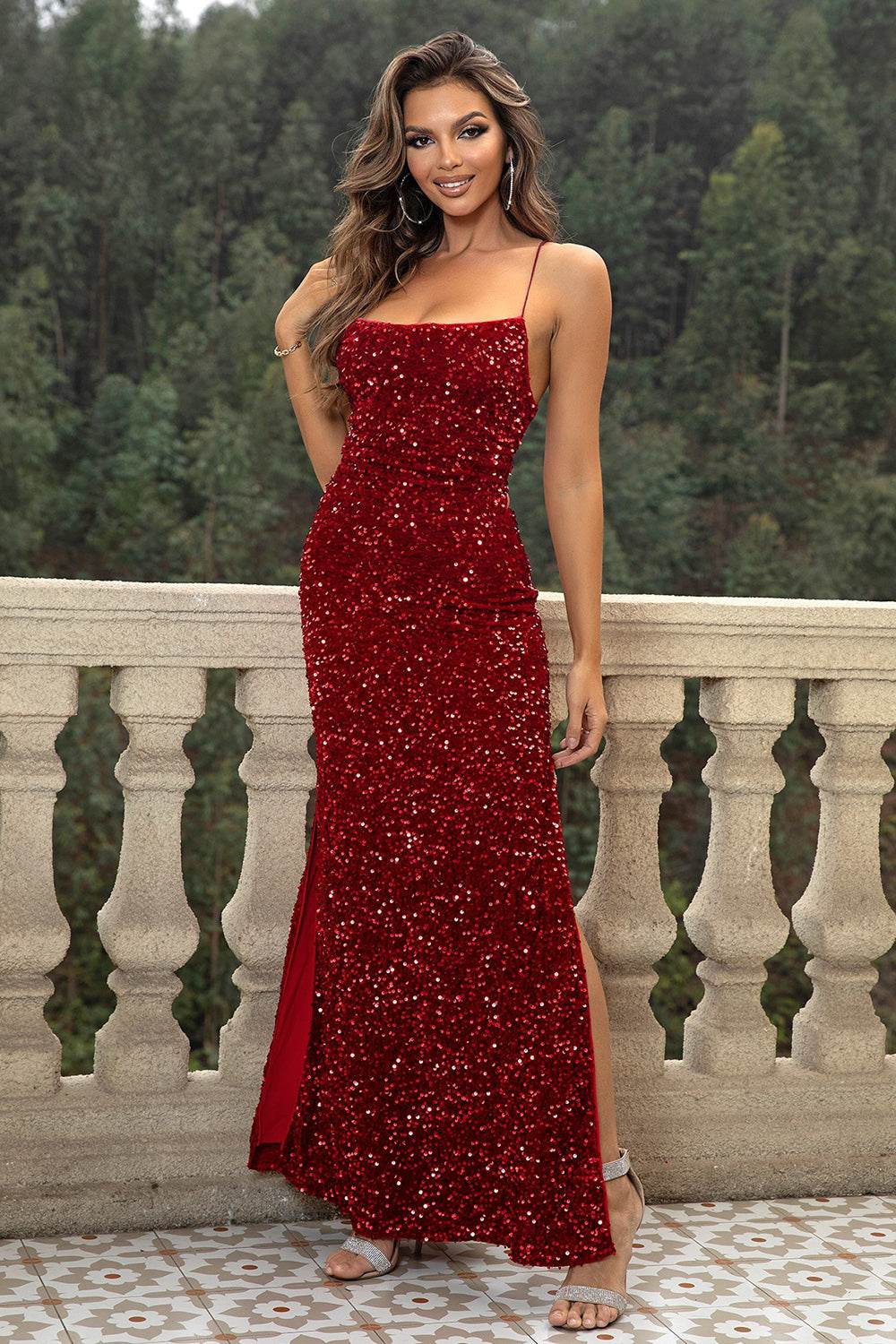 Sequin Backless Split Maxi Dress - Delanoir