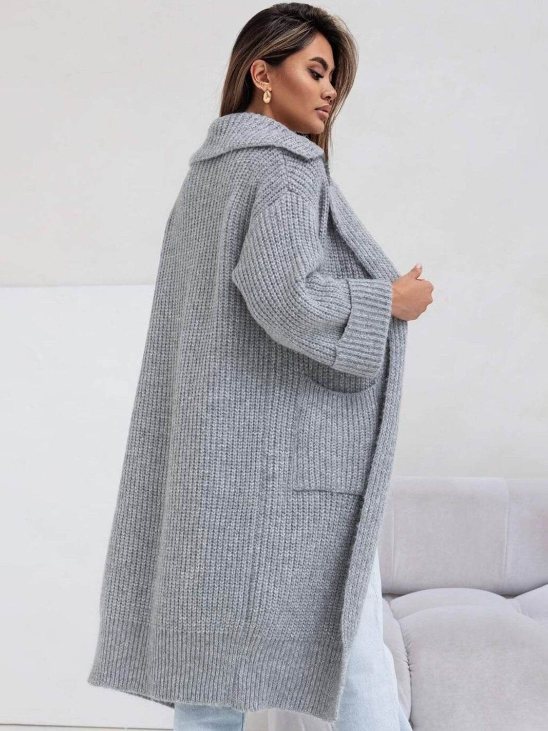 Pocketed Collared Neck Dropped Shoulder Cardigan - Delanoir