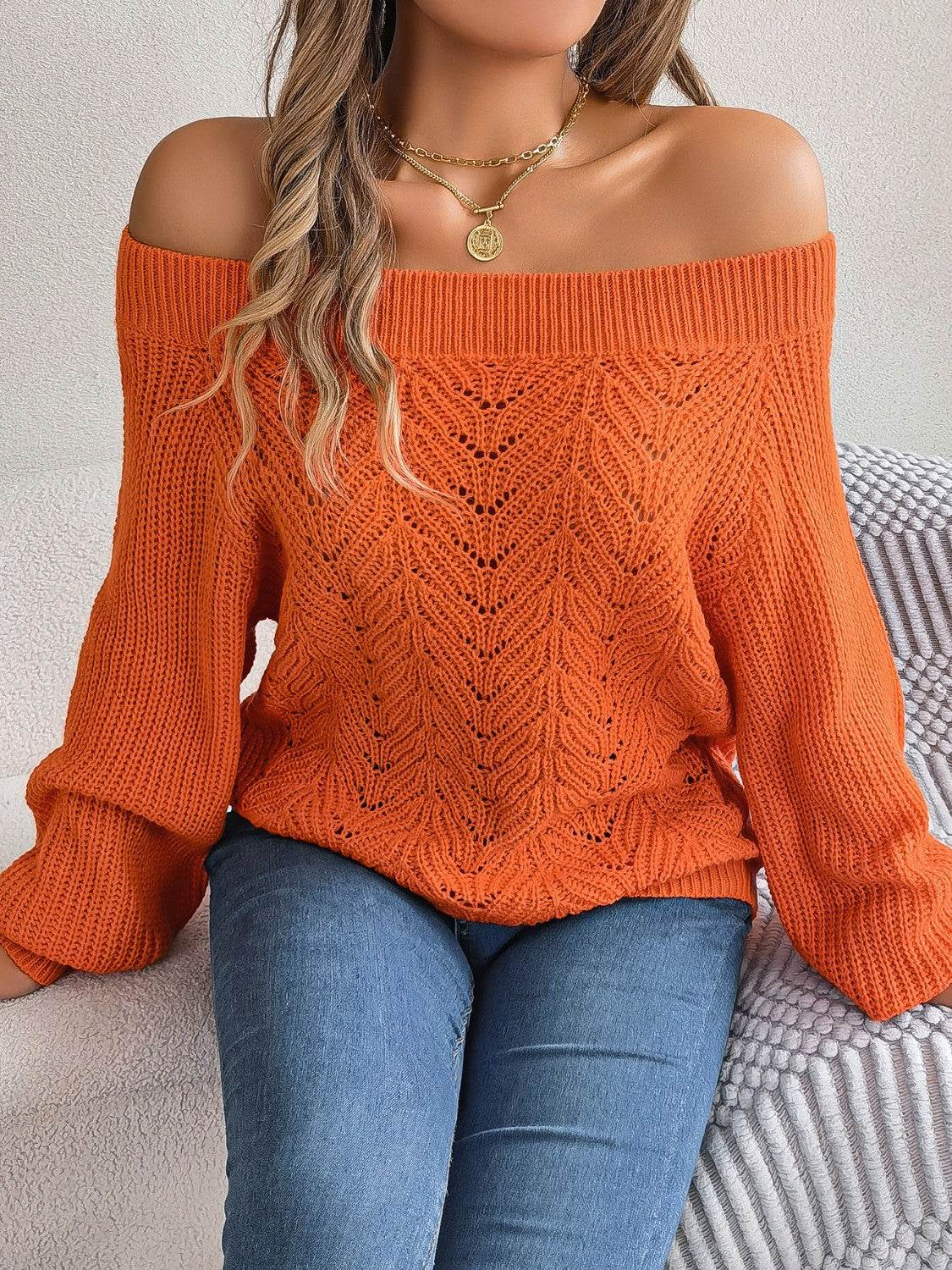 Openwork Off-Shoulder Long Sleeve Sweater - Delanoir