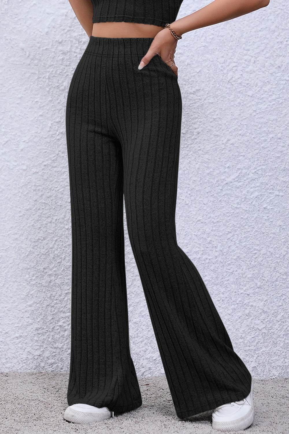 Basic Bae Full Size Ribbed High Waist Flare Pants - Delanoir