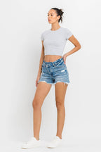Lovervet Stepped Waist Raw Hem Denim Shorts - Delanoir