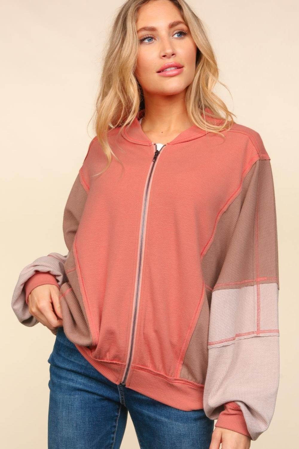 Haptics Zip Up Color Block Bomber Jacket with Side Pockets - Delanoir