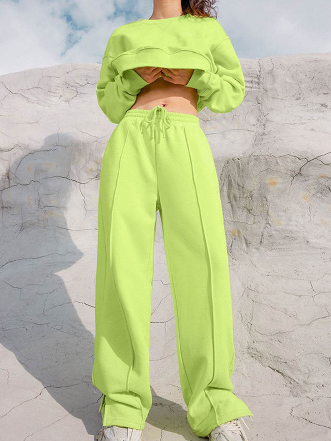 Round Neck Long Sleeve Top and Elastic Waist Pants Set - Delanoir