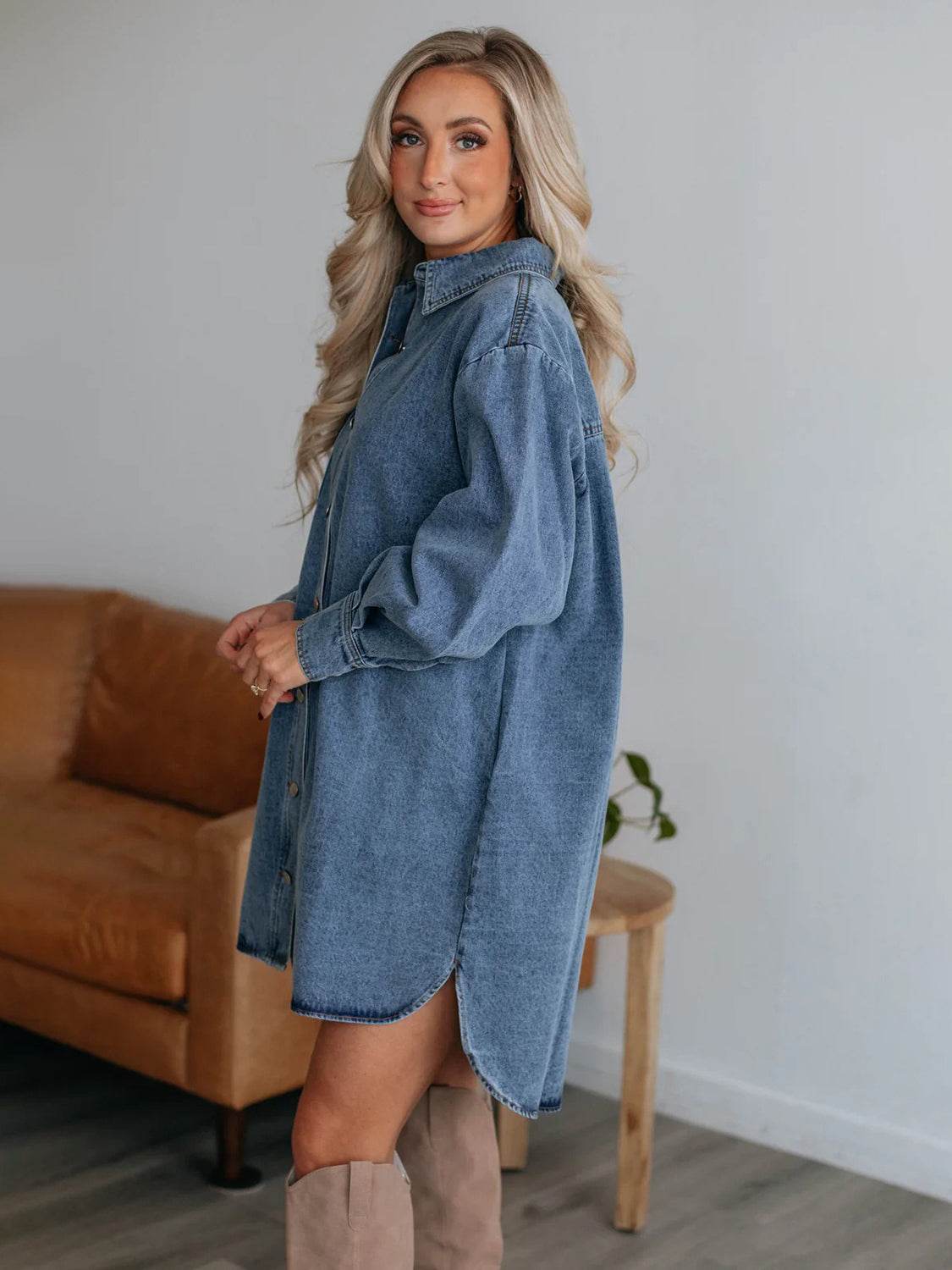 Button Up Collared Neck Long Sleeve Denim Dress - Delanoir