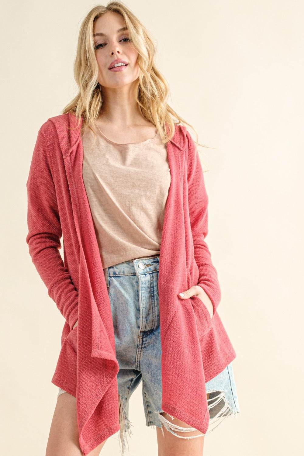 And The Why Full Size Thermal Hooded Open Front Cardigan with Pockets - Delanoir