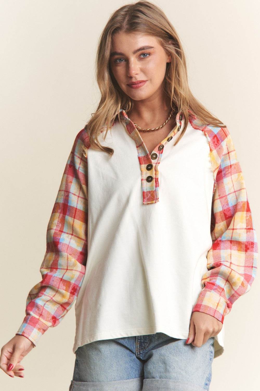 J.NNA Plaid Contrast Button Down Henley Top - Delanoir