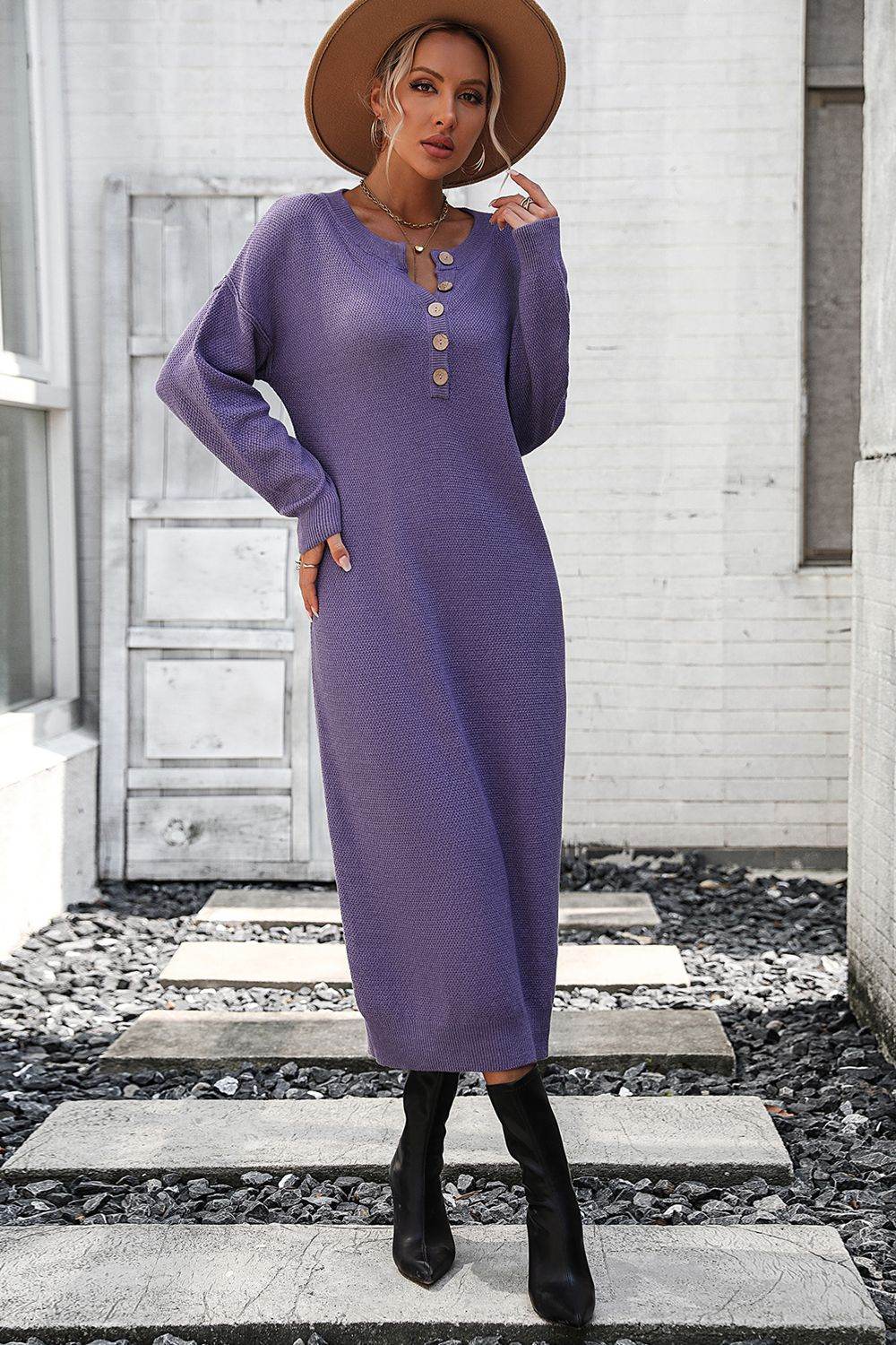 Decorative Button Notched Dropped Shoulder Sweater Dress - Delanoir