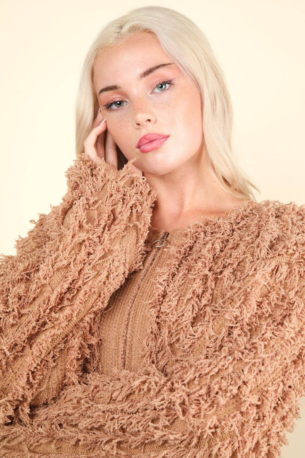 VERY J Shaggy Yarn Knit Zip Up Jacket - Delanoir
