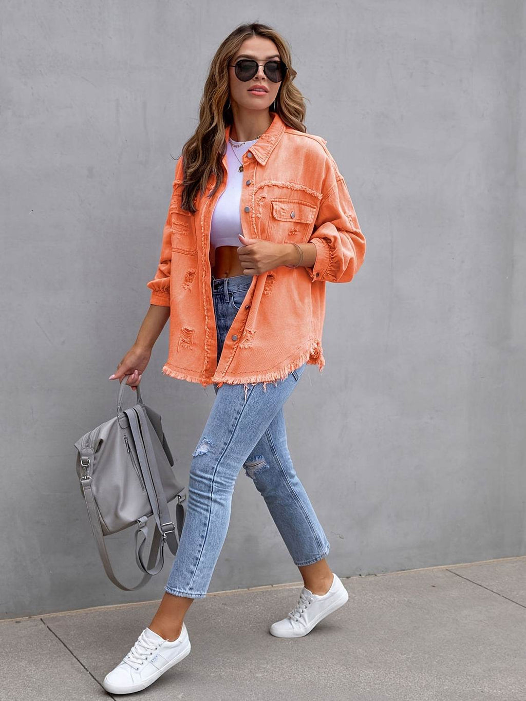 Distressed Drop Shoulder Denim Jacket - Delanoir
