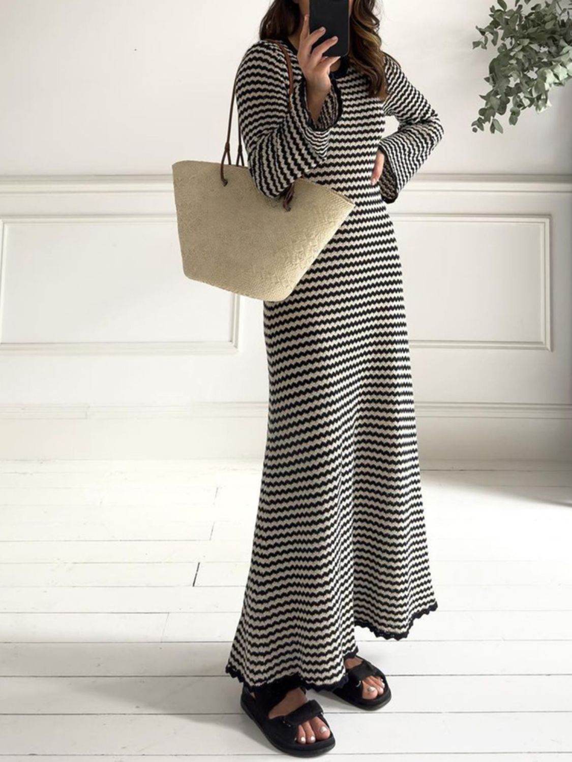 Devine Tied Round Neck Striped Sweater Dress - Delanoir
