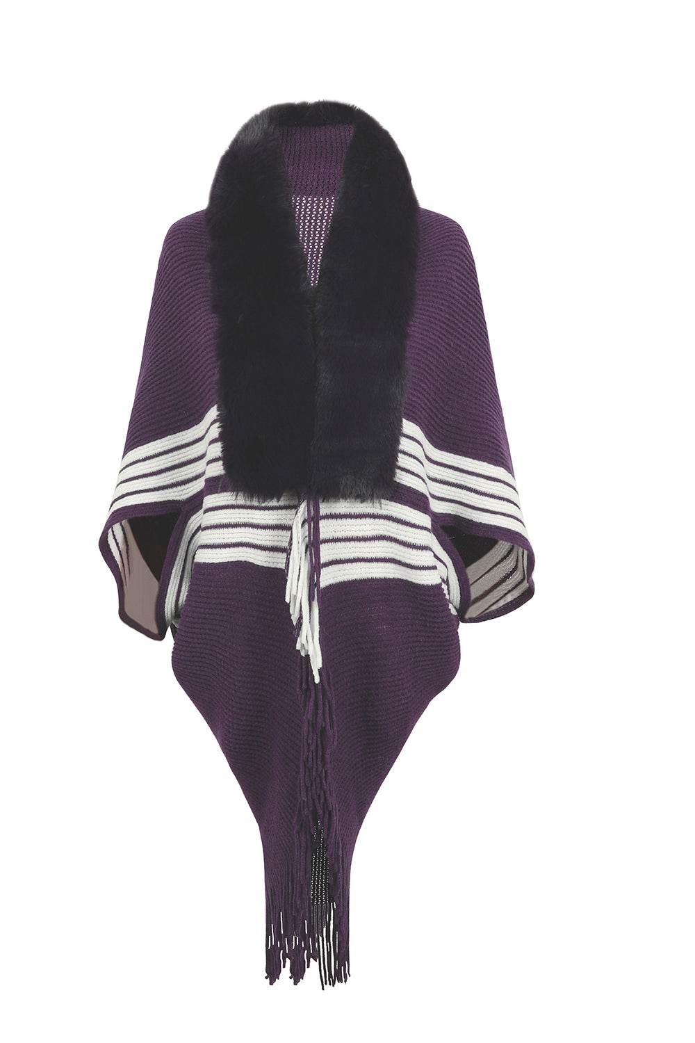 Striped Fringe Detail Long Sleeve Poncho - Delanoir