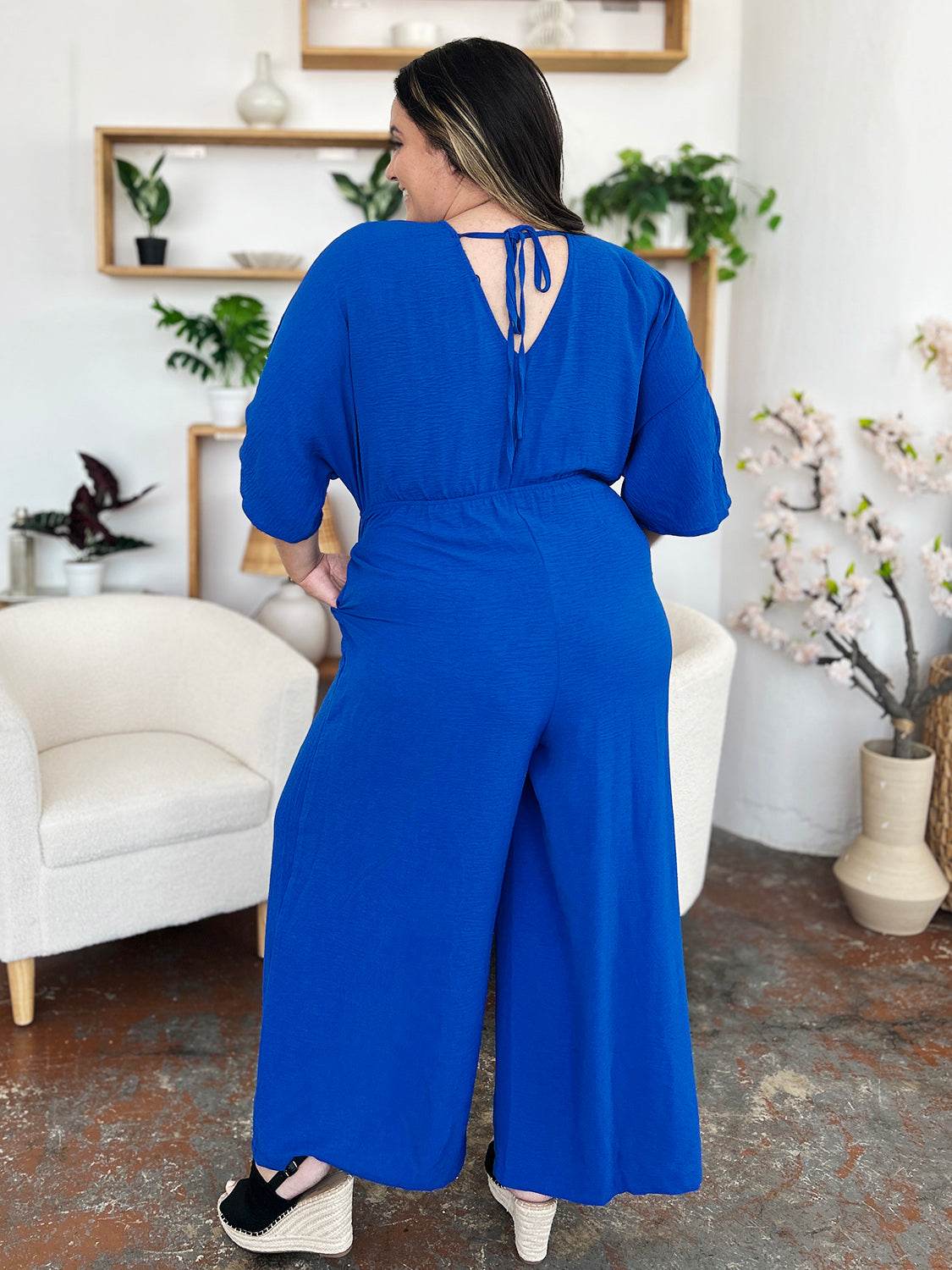 Double Take Full Size Surplice Wide Leg Jumpsuit with Pockets - Delanoir