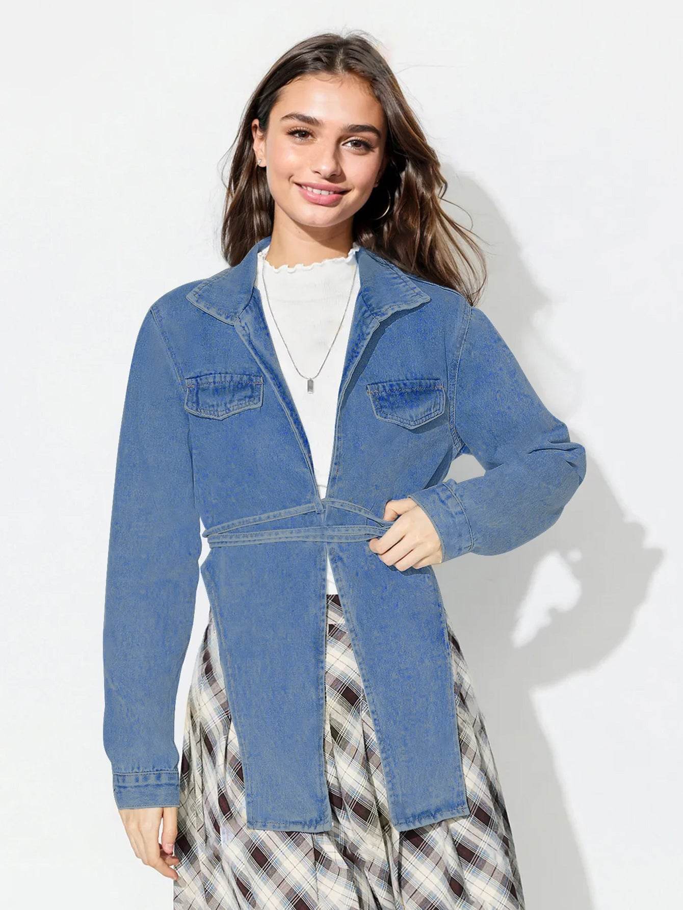 Asymmetric Slit Collared Neck Long Denim Top - Delanoir