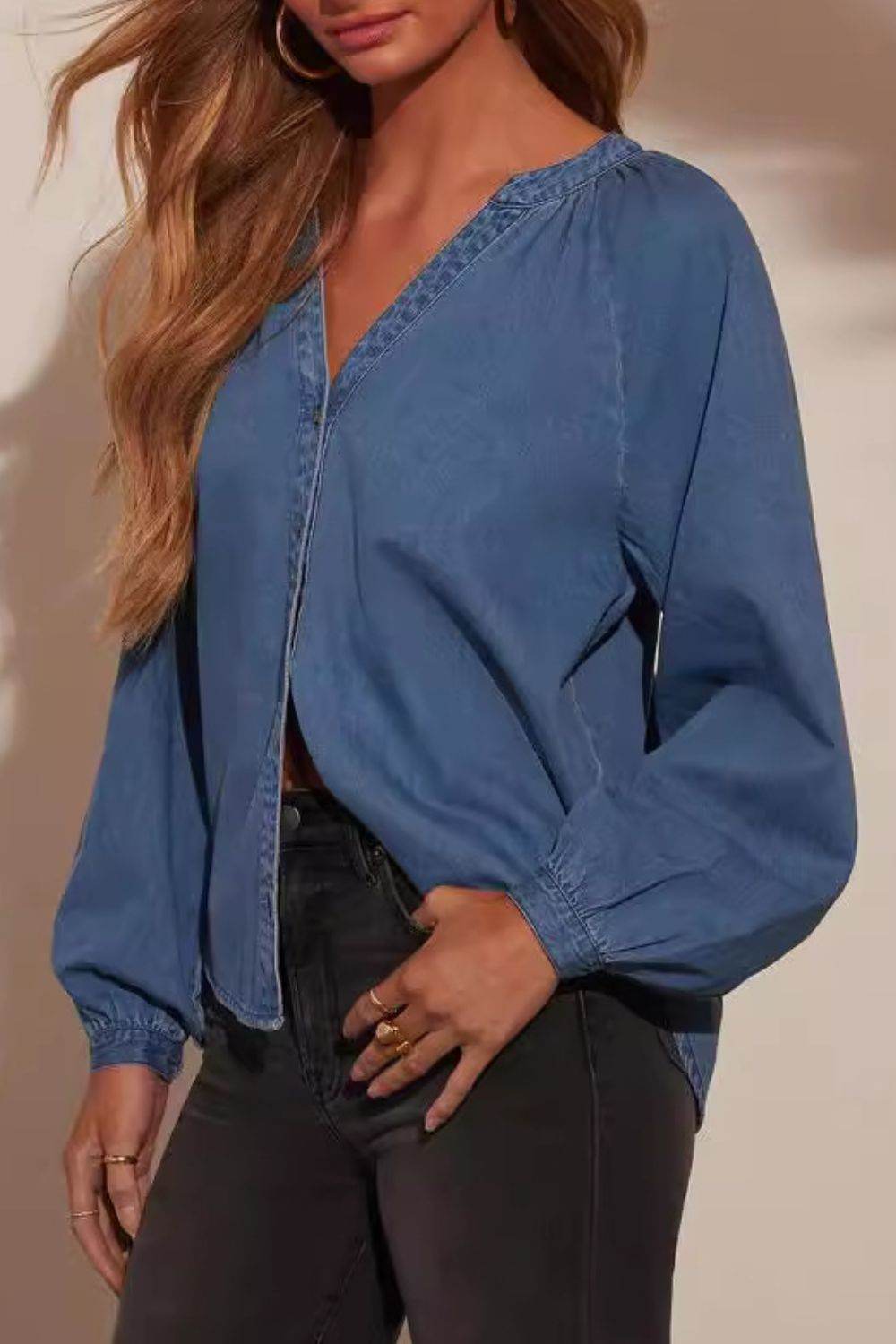 Plunge Button Up Long Sleeve Denim Top - Delanoir
