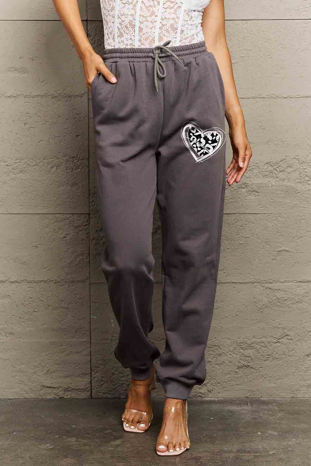 Simply Love Simply Love Full Size Drawstring Heart Graphic Long Sweatpants - Delanoir