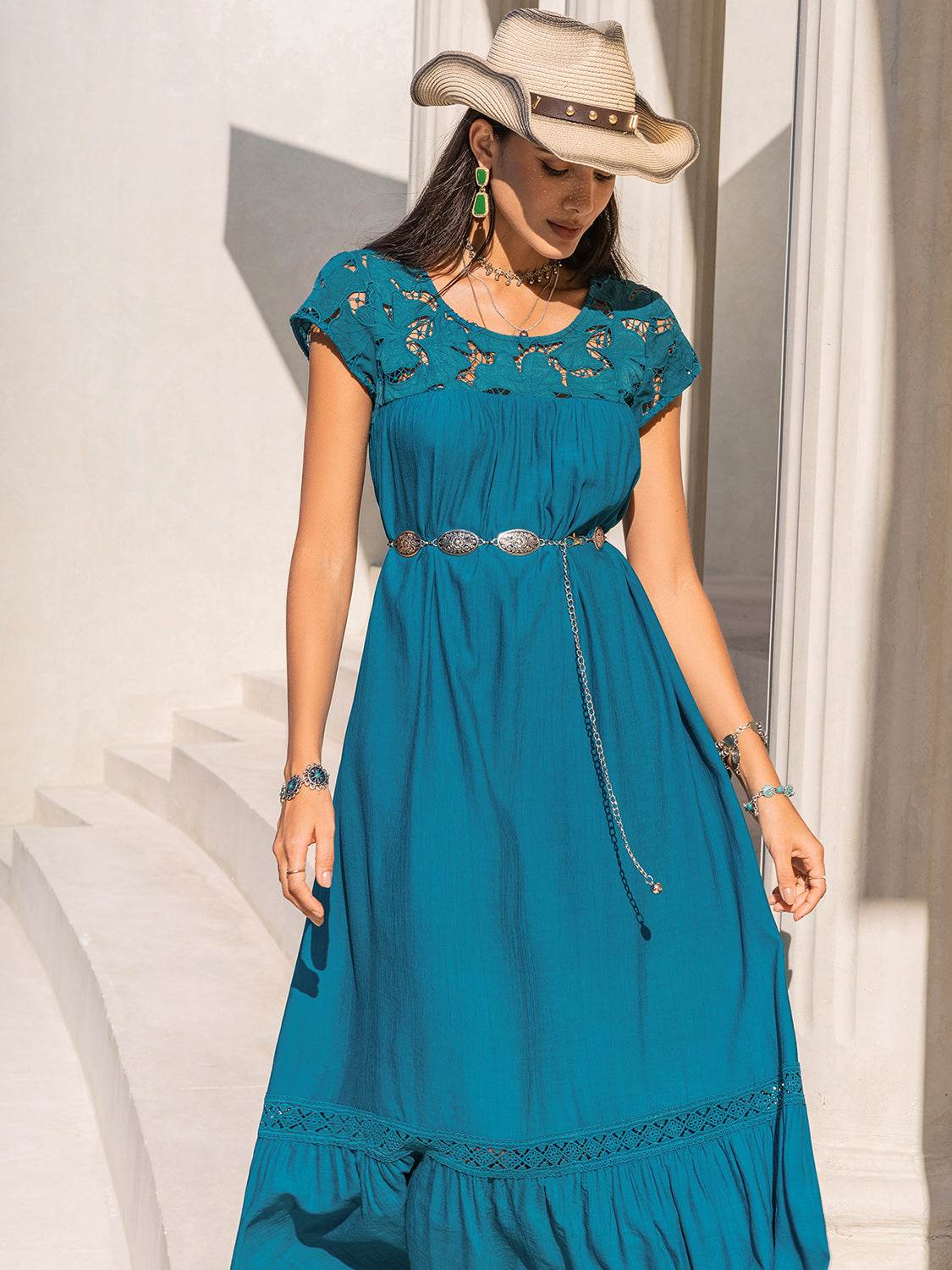 Round Neck Short Sleeve Maxi Dress - Delanoir