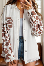 Raw Hem Animal Print Long Sleeve Denim Jacket - Delanoir