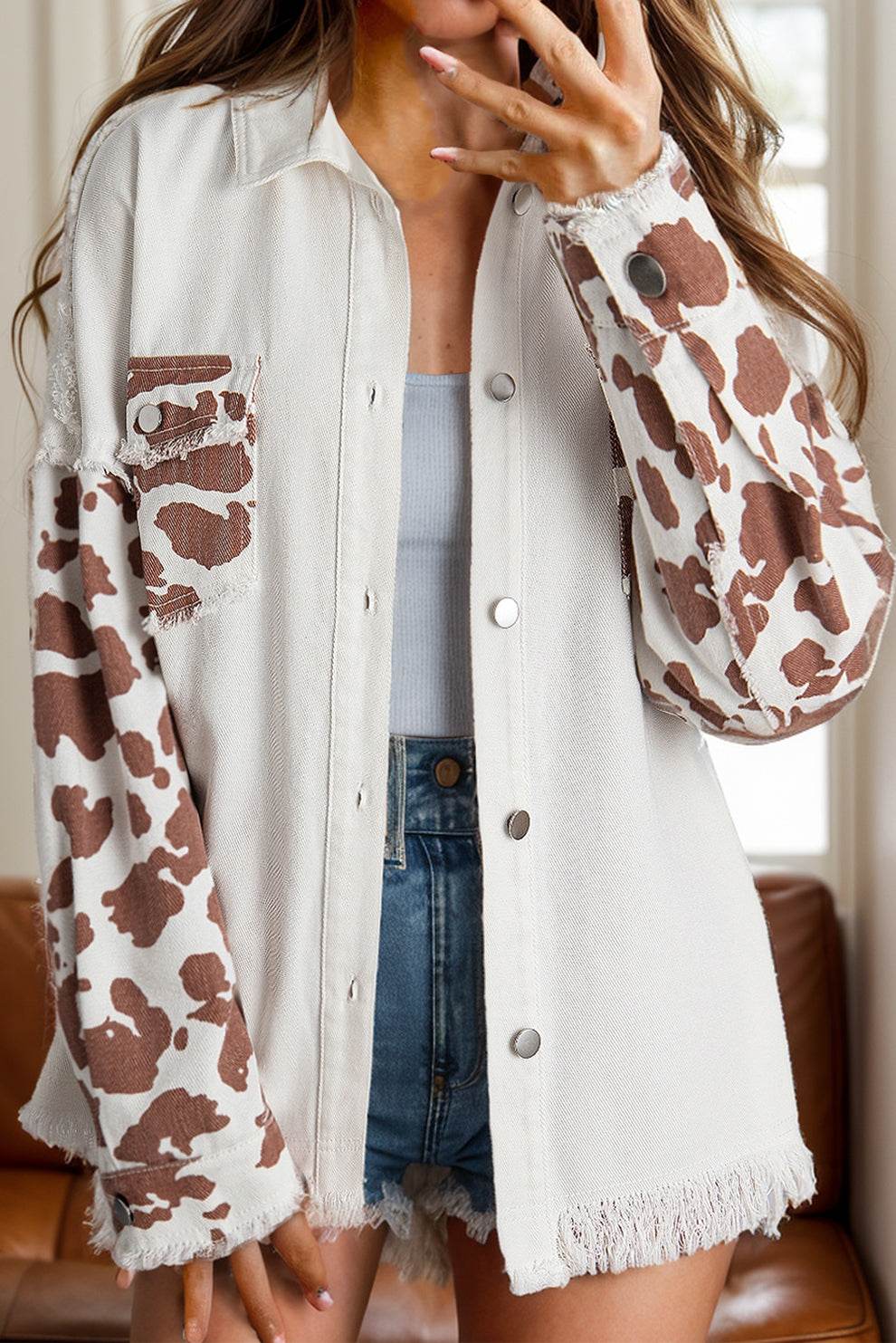Raw Hem Animal Print Long Sleeve Denim Jacket - Delanoir